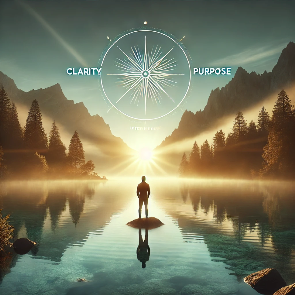 Image of a person standing in front of a blue lake surrounded by mountains staring into the sun. At the top are the words Clarity and Purpose